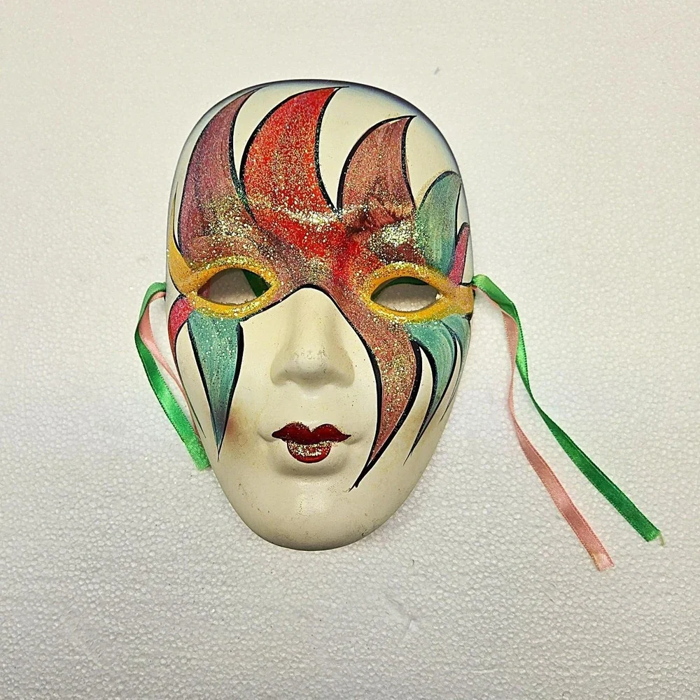 Vintage Hand-Painted Venetian Style Ceramic Wall Masks–Set of 3–Glitter Accents